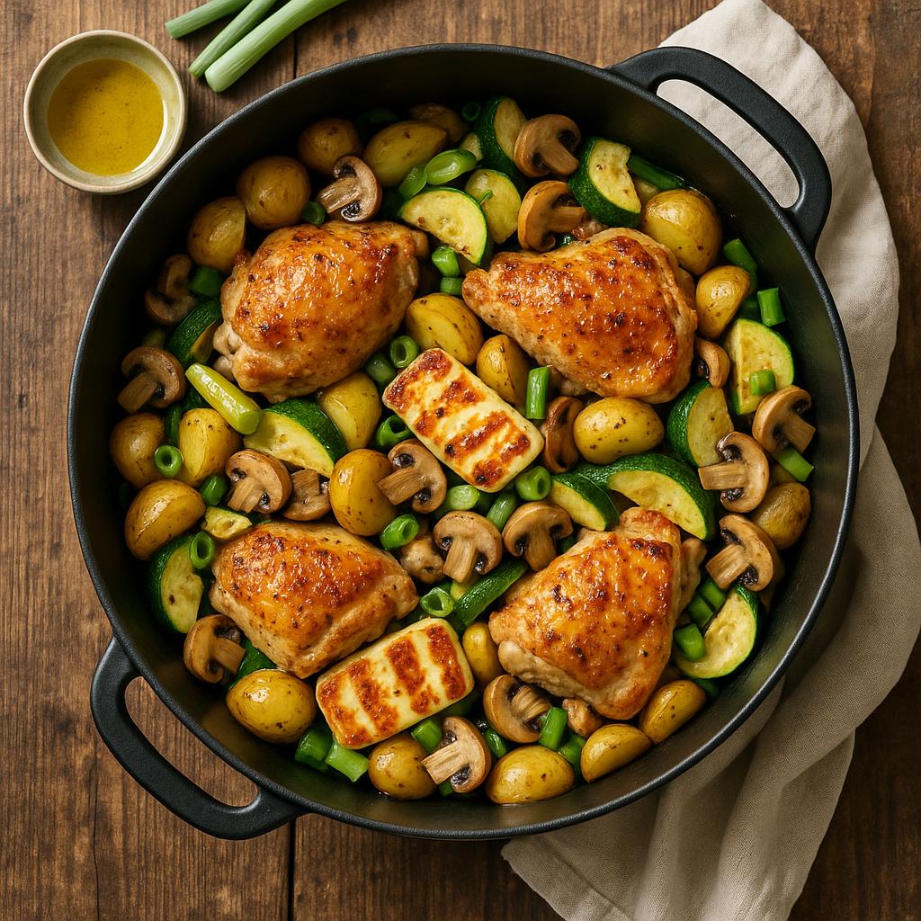 Dutch Oven: Hähnchen, Halloumi & Frühlingsgemüse mit Kartoffeln