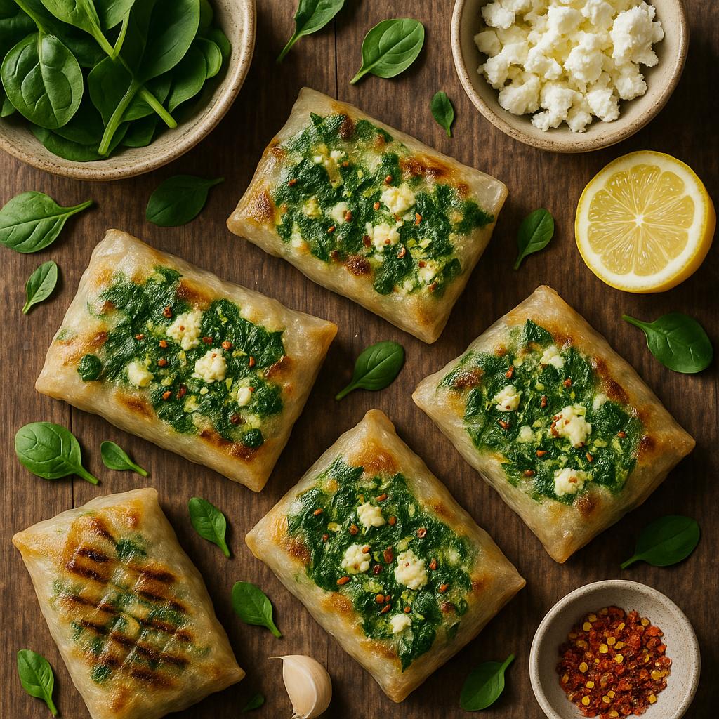 Gegrillte Reispapier-Päckchen mit Feta & Spinat