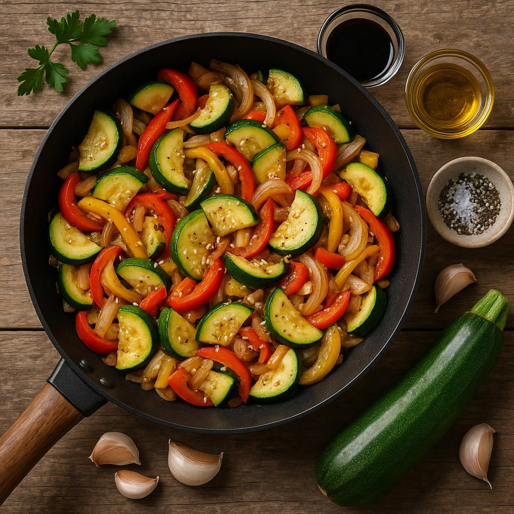 Gemüsepfanne mit Zucchini, Paprika, Zwiebeln und Knoblauch