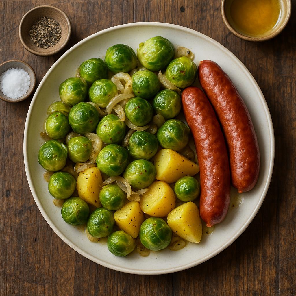 Geschmorter Rosenkohl mit Mettwürsten und Kartoffeln