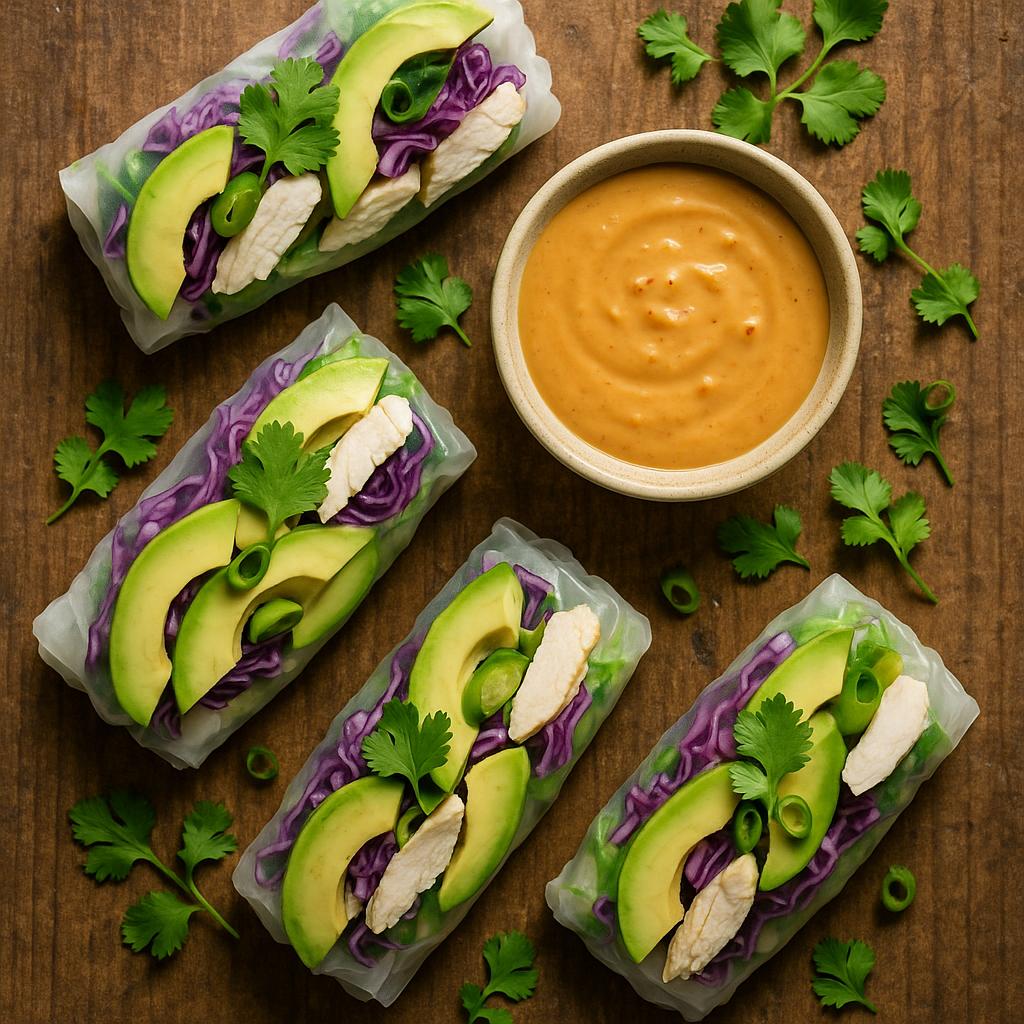 Hähnchen-Avocado-Rollen mit Erdnusssauce