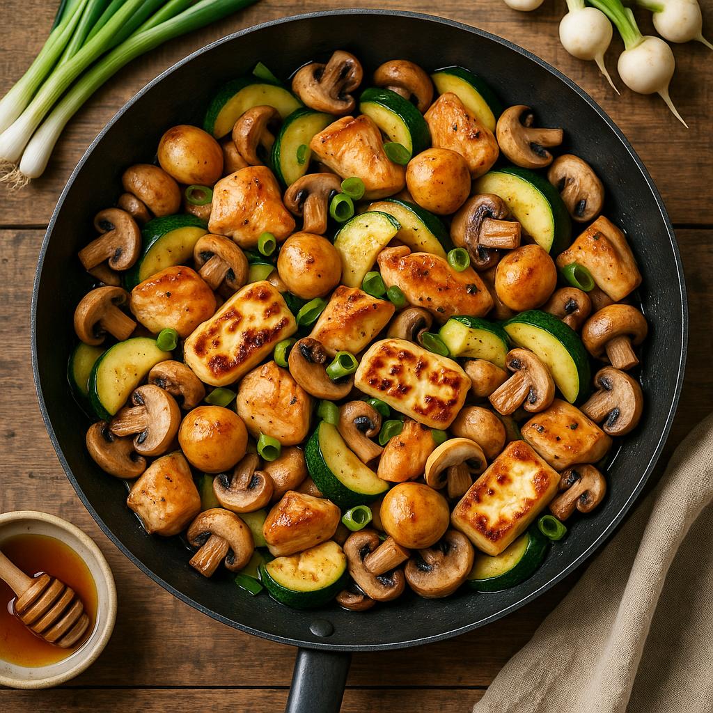 Hähnchen-Halloumi-Gemüsepfanne mit karamellisierten Mai-Rübchen