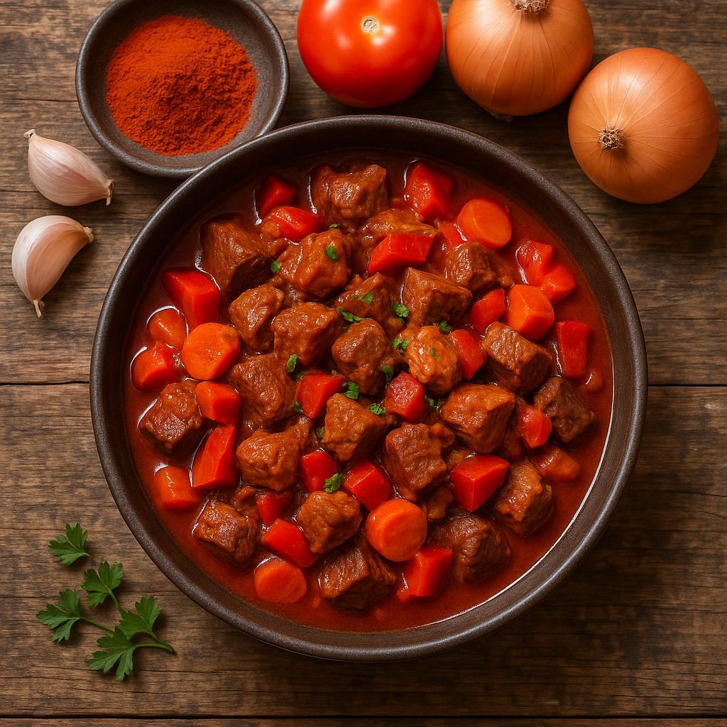 Herzhaftes Rind-Schwein-Gulasch mit Gemüse