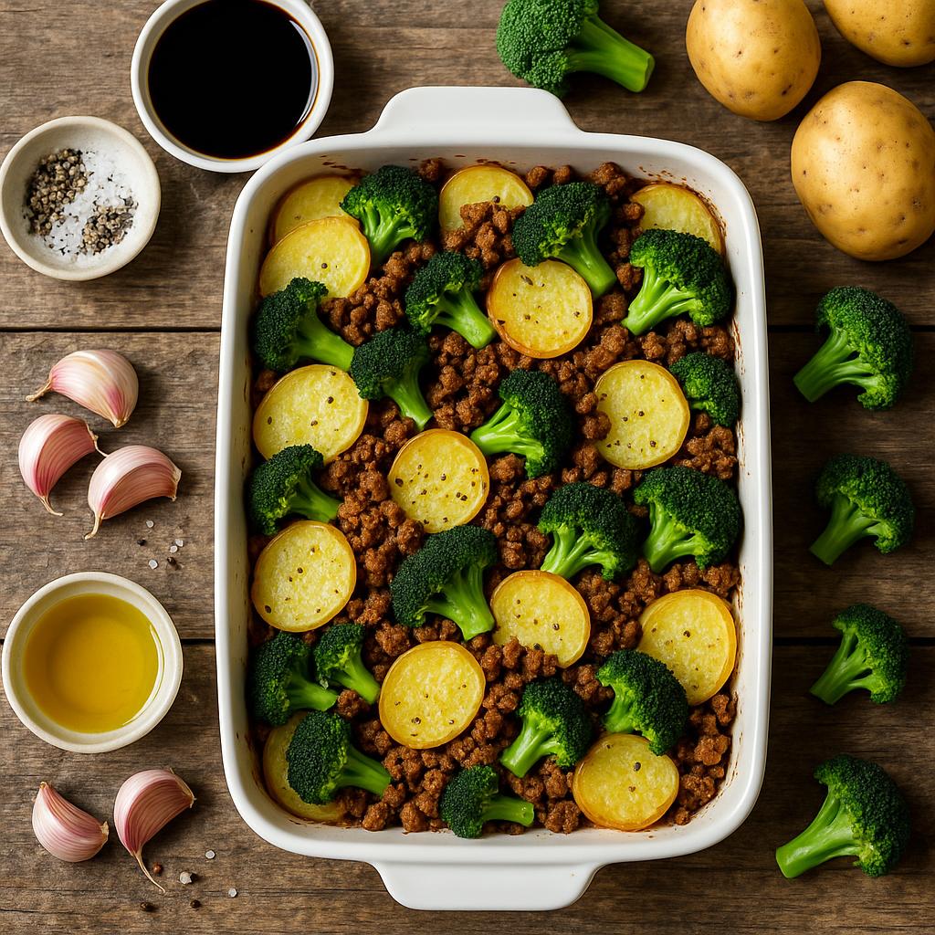 Kartoffel-Auflauf mit veganem Hack und Brokkoli
