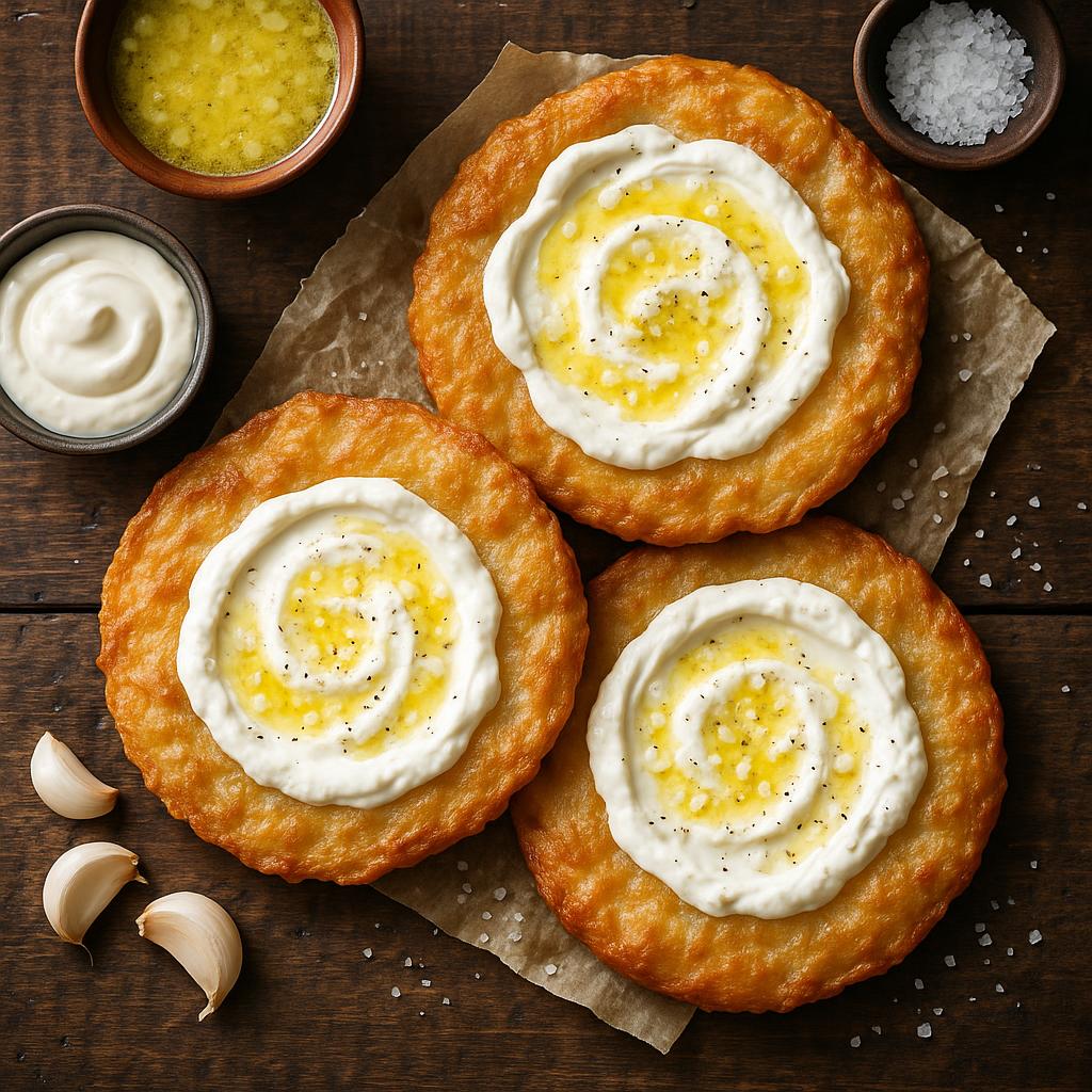 Klassischer Reispapier-Langos mit Knoblauchbutter & Sauerrahm