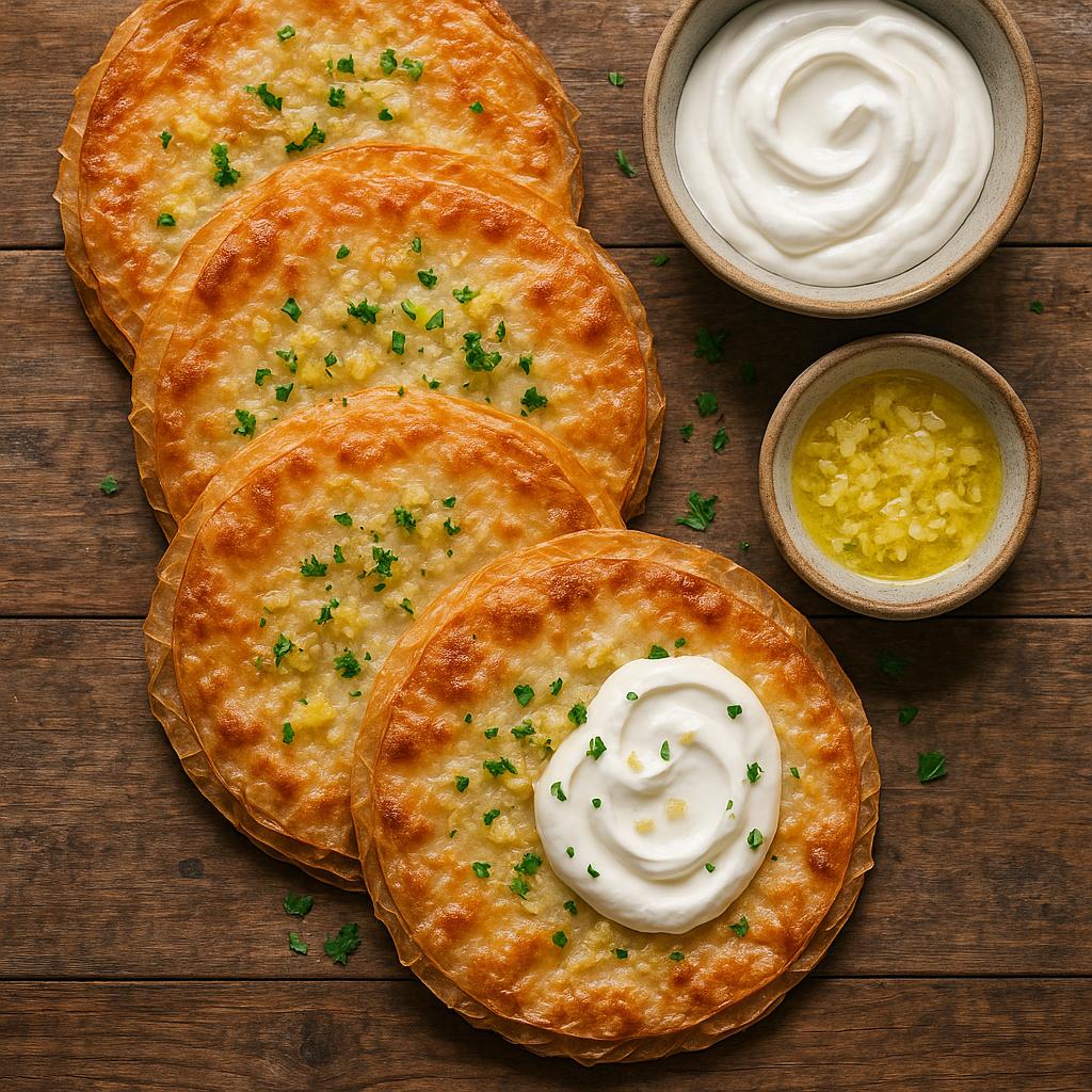 Ofen-Langos mit Knoblauchbutter & Sauerrahm