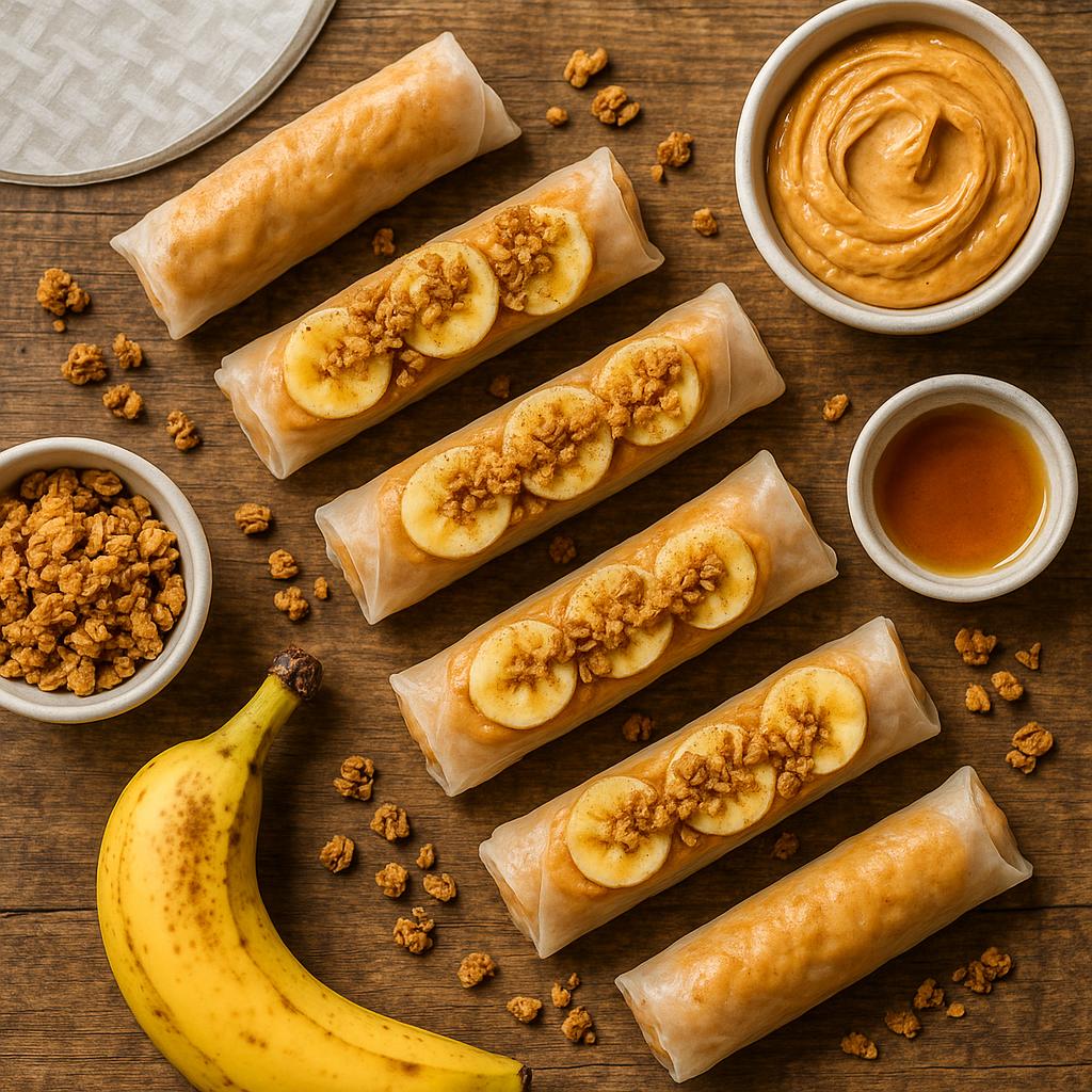 Reispapier-Granola-Röllchen mit Erdnussbutter