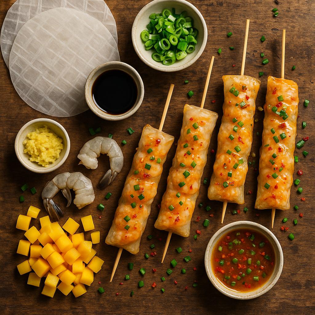 Reispapier-Spieße mit Mango-Chili-Glasur