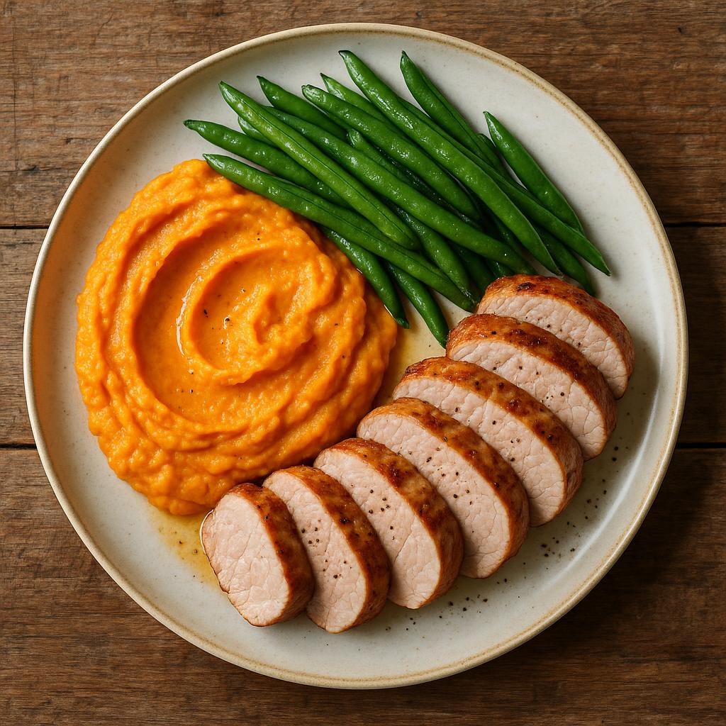 Schweinefilet mit Süßkartoffelpüree und grünen Bohnen