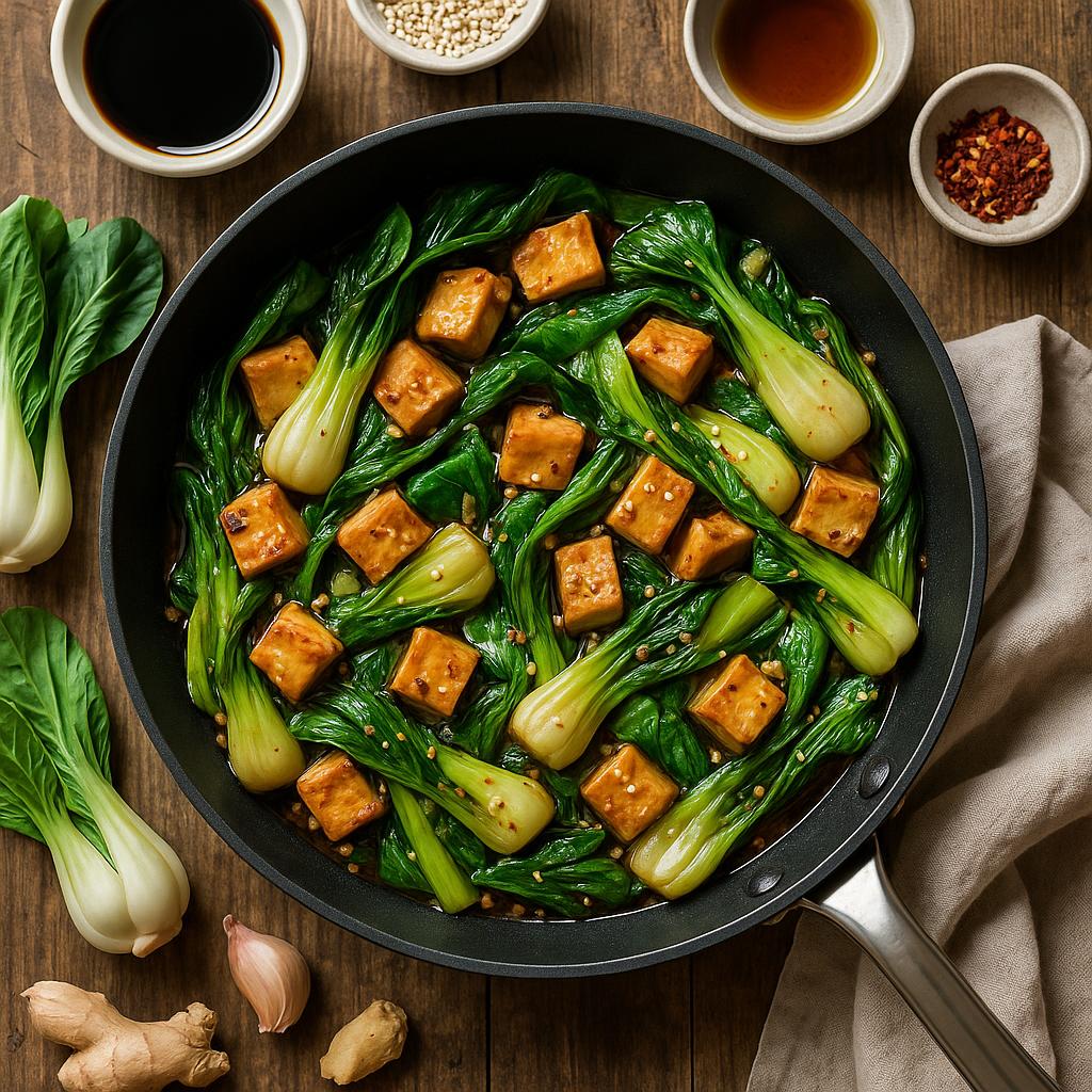 Sesam-Pak-Choi-Pfanne mit Tofu oder Hähnchen (15 Minuten)