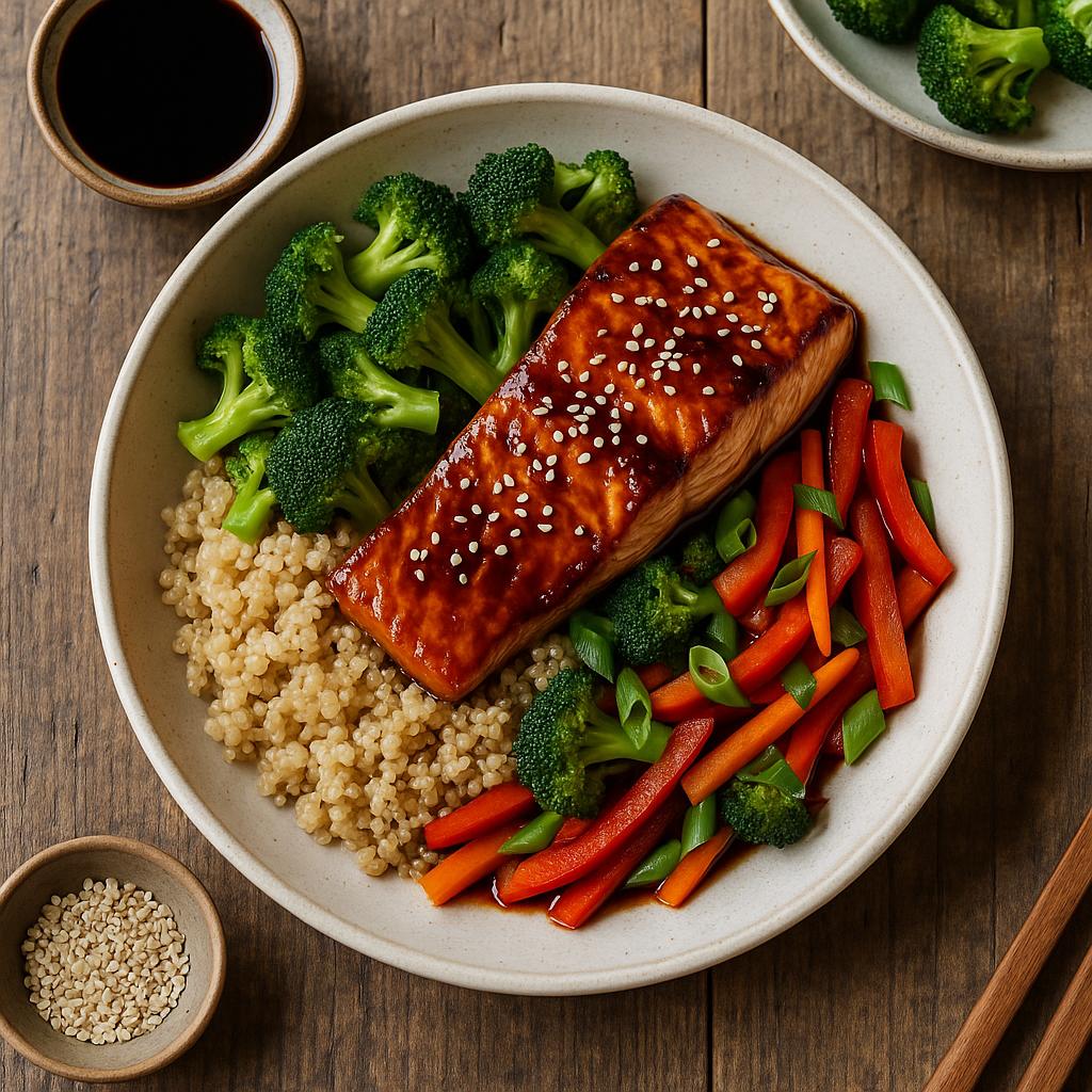 Teriyaki-Lachs mit Quinoa, Brokkoli und zusätzlichem Gemüse